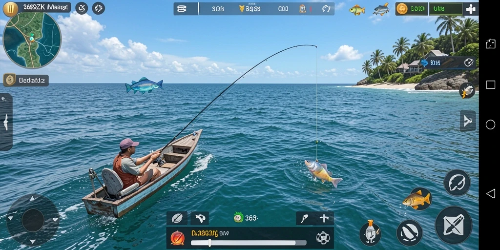 Gameplay 369ZK menampilkan aksi menangkap ikan di lautan yang indah.