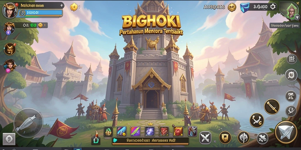 Tangkapan layar gameplay BIGHOKI dengan menara yang siap bertahan.