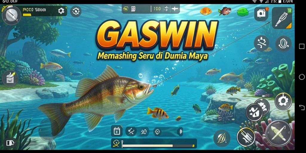 Tampilan gameplay GASWIN dengan kegiatan memancing yang seru.