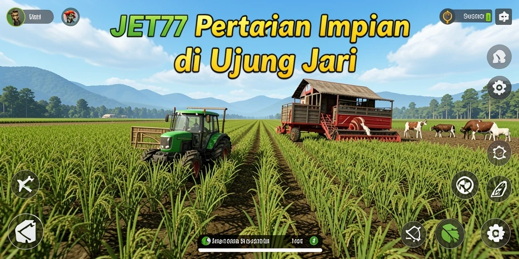 Tampilan gameplay JET77 dengan ladang hijau subur dan hewan peliharaan.