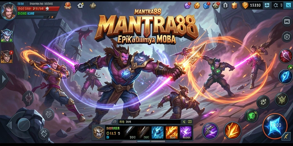 Tangkapan layar utama dari gameplay menampilkan pertempuran epik antara karakter MOBA.