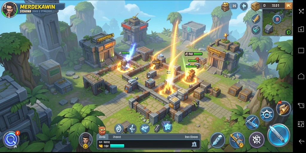 Tampilan gameplay menegangkan dari <strong>MERDEKAWIN</strong> dalam aksi Tower Defense.