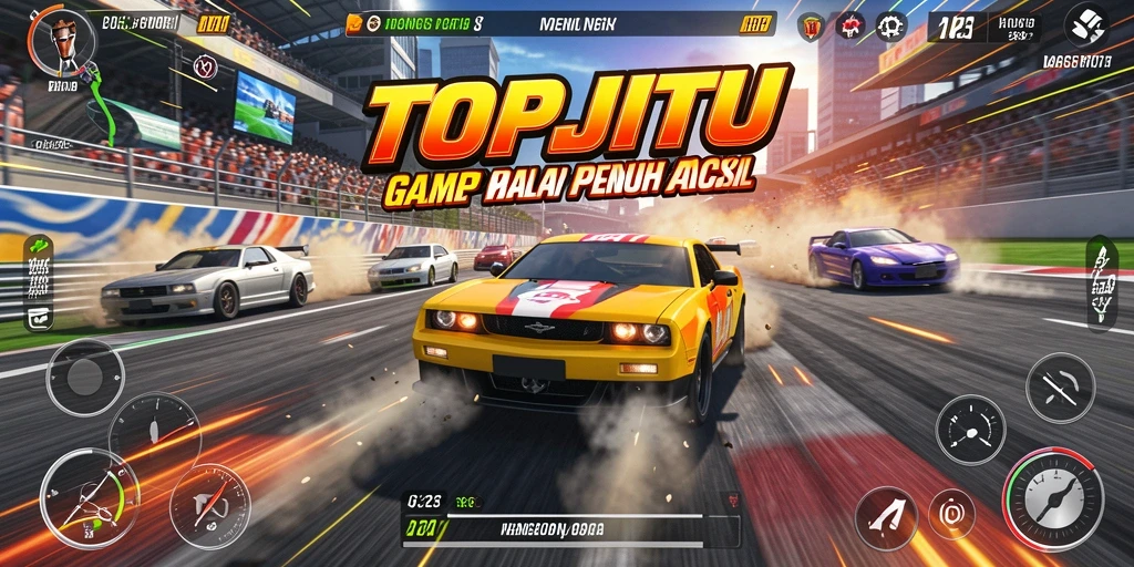 Tangkapan layar gameplay balapan mobil di TOPJITU menunjukkan aksi mendebarkan di lintasan.