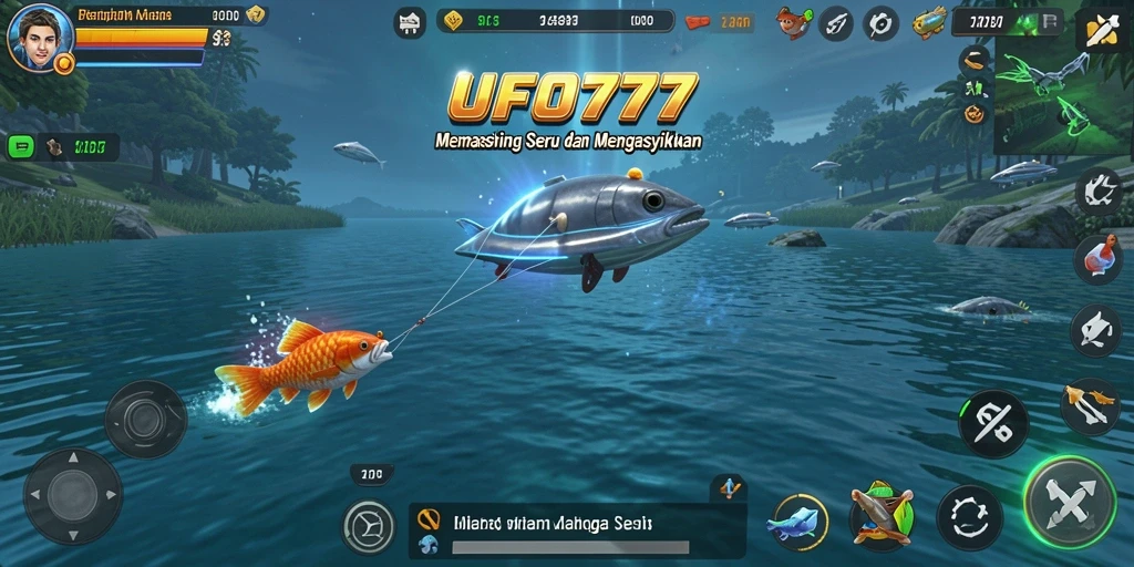 Gambar gameplay UFO777 dengan berbagai ikan dan tantangan memancing.