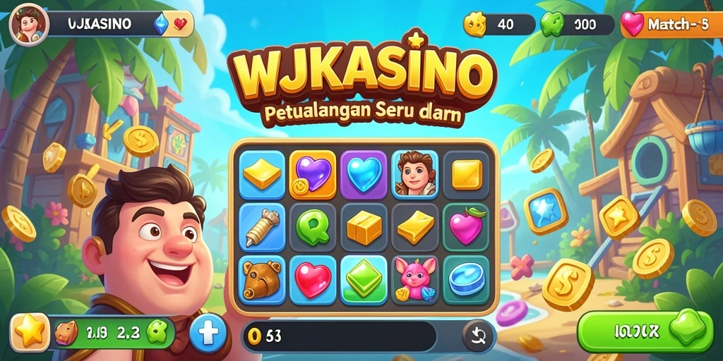 Screenshot WJKASINO menampilkan gameplay seru dan karakter unik dalam Match-3.